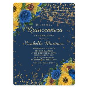 Sunflowers Blue Roses Gold Glitter Quinceanera