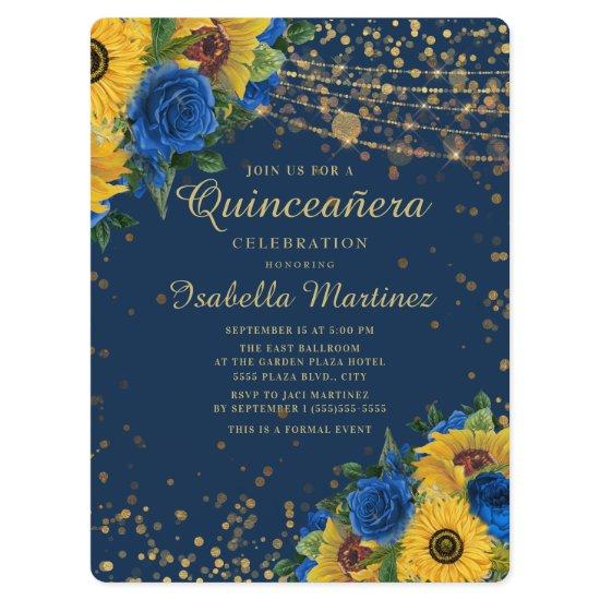 Sunflowers Blue Roses Gold Glitter Quinceanera