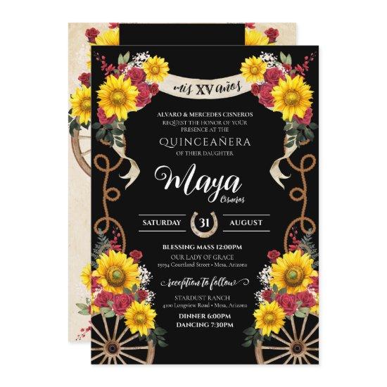 Sunflowers Red Roses Black Charro Quinceanera Invi