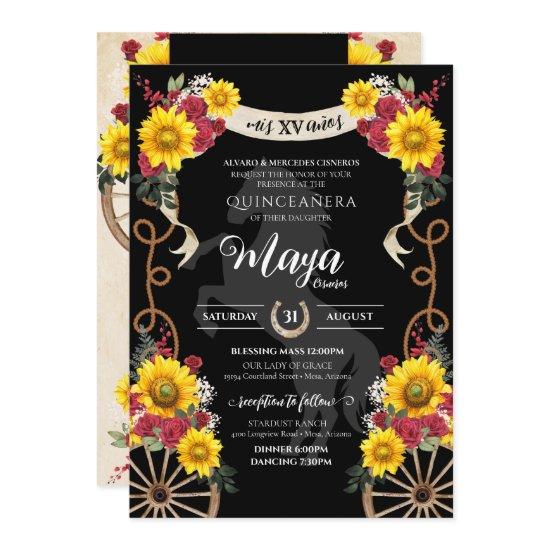 Sunflowers Red Roses Black Charro Quinceanera