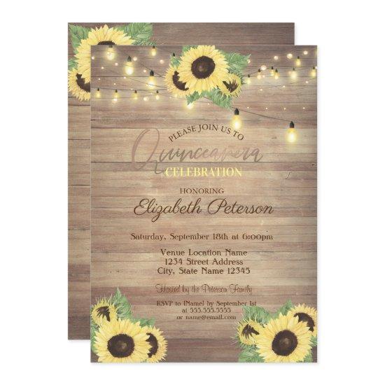 Sunflowers,String Lights,Wood Texture Quinceañera