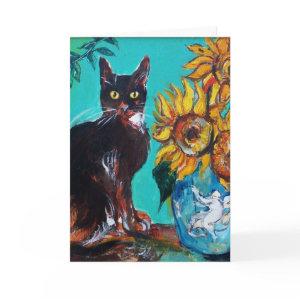 SUNFLOWERS WITH BLACK CAT IN BLUE TURQUOISE CARD