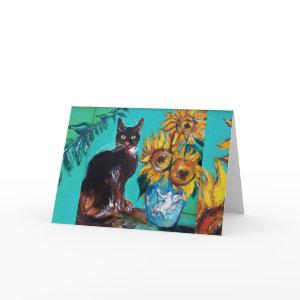 SUNFLOWERS WITH BLACK CAT IN BLUE TURQUOISE CARD
