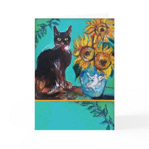 SUNFLOWERS WITH BLACK CAT IN BLUE TURQUOISE CARD