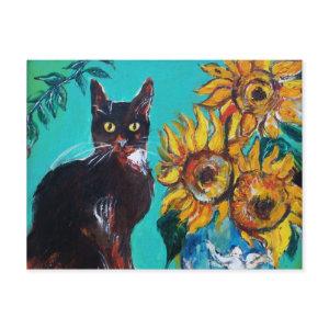 SUNFLOWERS WITH BLACK CAT IN BLUE TURQUOISE POSTCARD