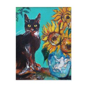 SUNFLOWERS WITH BLACK CAT IN BLUE TURQUOISE POSTCARD