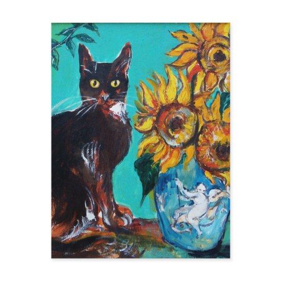 SUNFLOWERS WITH BLACK CAT IN BLUE TURQUOISE POSTCARD