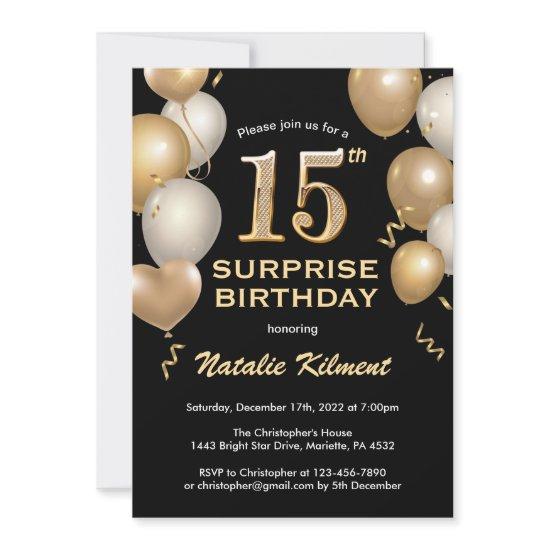 Surprise 15th Birthday Black and Gold Balloons