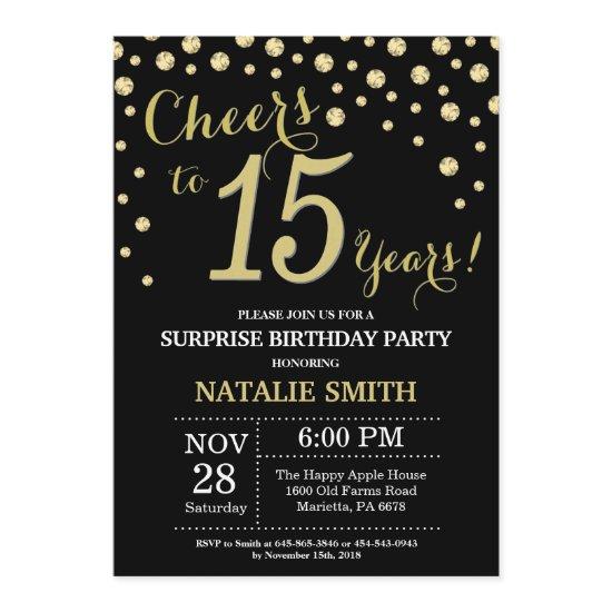 Surprise 15th Birthday Black and Gold Diamond