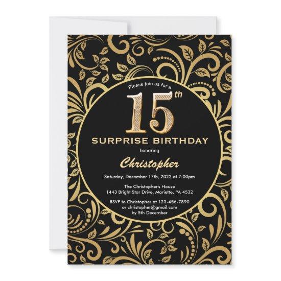 Surprise 15th Birthday Black and Gold Floral