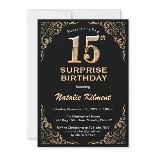 Surprise 15th Birthday Black and Gold Glitter