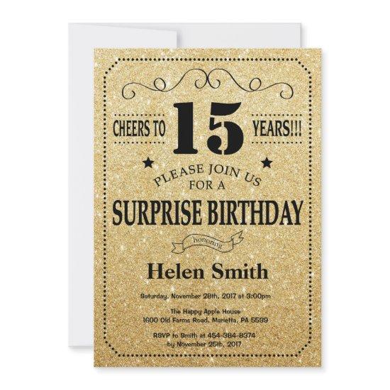 Surprise 15th Birthday Black and Gold Glitter