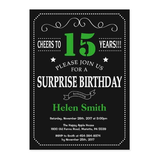 Surprise 15th Birthday Black and Green Chalkboard