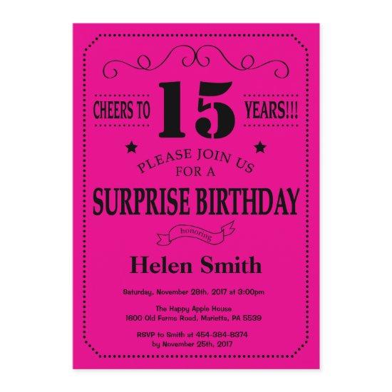 Surprise 15th Birthday Black and Hot Pink