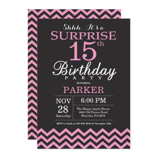 Surprise 15th Birthday Black and Pink Chevron