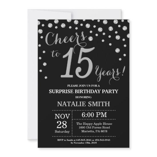 Surprise 15th Birthday Black and Silver Diamond
