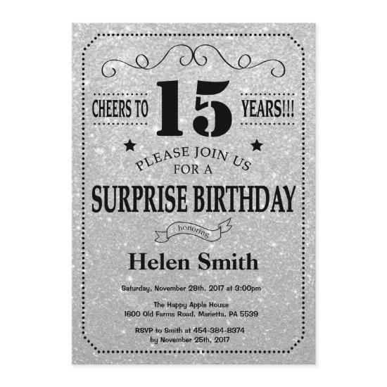 Surprise 15th Birthday Black and Silver Glitter