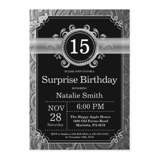 Surprise 15th Birthday Black and Silver Glitter