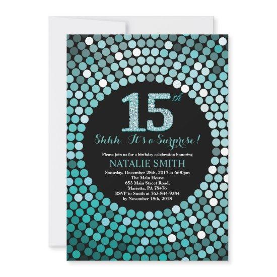 Surprise 15th Birthday Black and Teal Glitter
