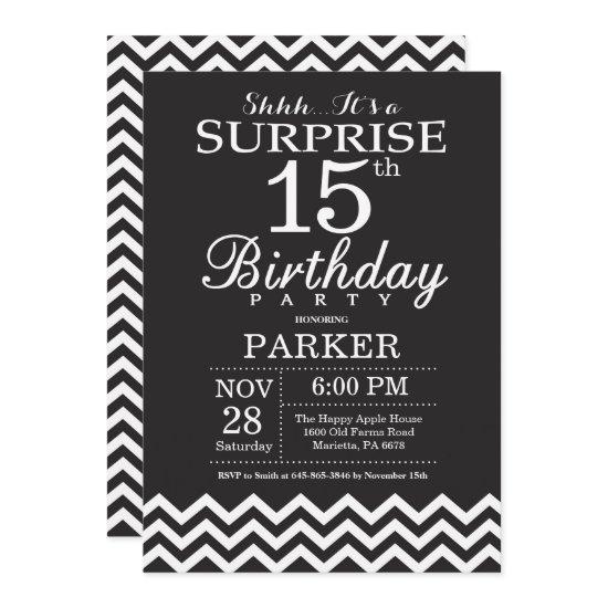 Surprise 15th Birthday Black and White Chevron
