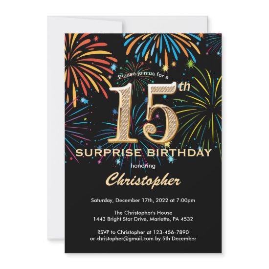 Surprise 15th Birthday Black Gold Rainbow Firework