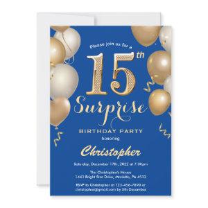 Surprise 15th Birthday Blue and Gold Balloons