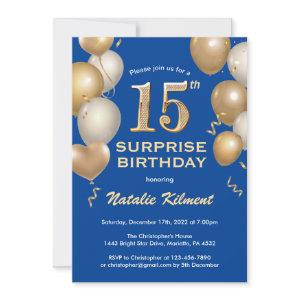 Surprise 15th Birthday Blue and Gold Balloons
