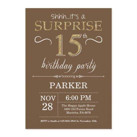 Surprise 15th Birthday Brown and Gold Glitter
