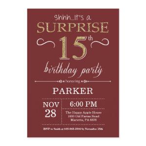 Surprise 15th Birthday Burgundy and Gold Glitter