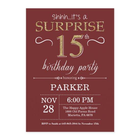 Surprise 15th Birthday Burgundy and Gold Glitter