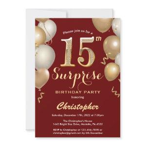 Surprise 15th Birthday Dark Red and Gold Balloons