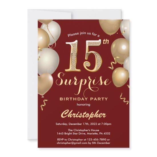 Surprise 15th Birthday Dark Red and Gold Balloons