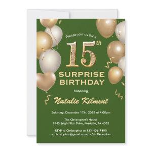 Surprise 15th Birthday Green and Gold Balloons