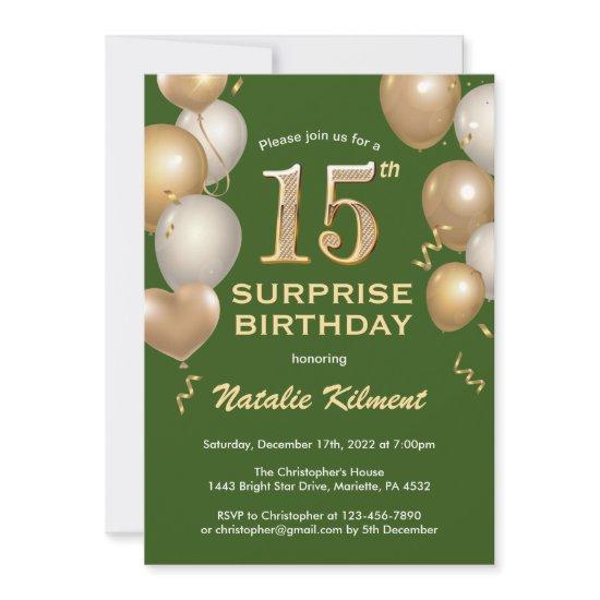 Surprise 15th Birthday Green and Gold Balloons