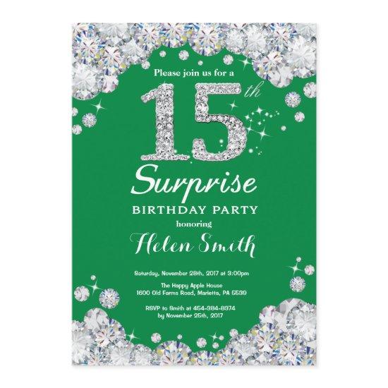 Surprise 15th Birthday Green and Silver Diamond