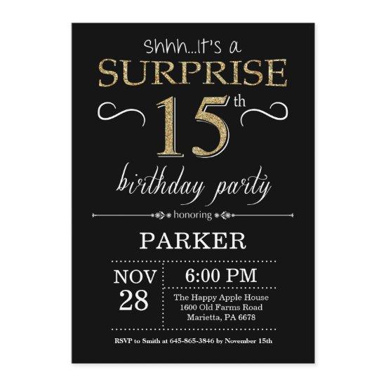 Surprise 15th Birthday  Black and Gold