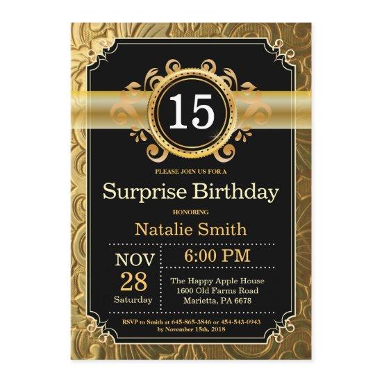 Surprise 15th Birthday  Black and Gold
