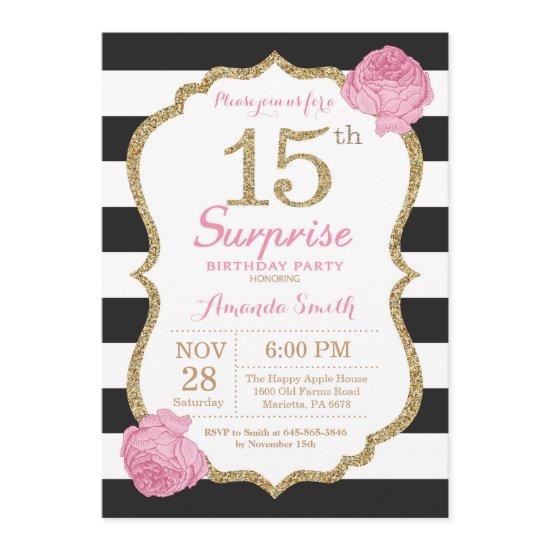 Surprise 15th Birthday  Pink Black Gold