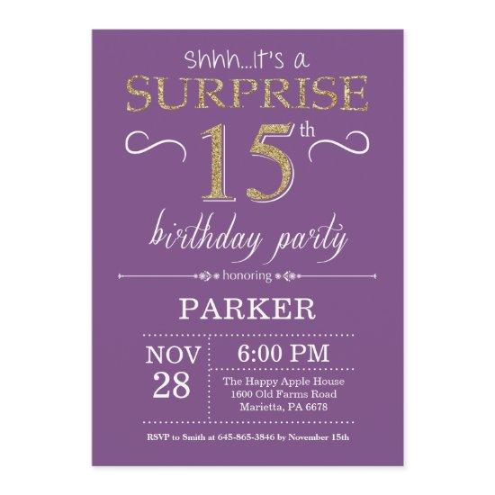 Surprise 15th Birthday  Purple and Gold