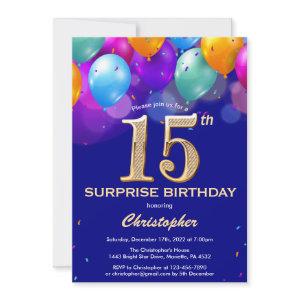 Surprise 15th Birthday Navy Blue and Gold Balloons