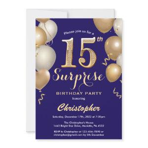 Surprise 15th Birthday Navy Blue and Gold Balloons