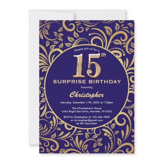Surprise 15th Birthday Navy Blue and Gold Floral