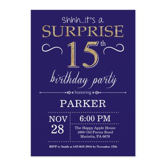 Surprise 15th Birthday Navy Blue and Gold Glitter