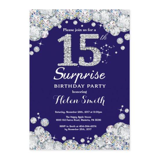 Surprise 15th Birthday Navy Blue Silver Diamond