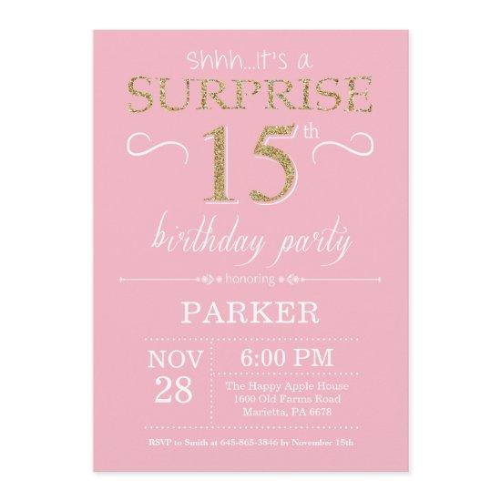 Surprise 15th Birthday Pink and Gold Glitter