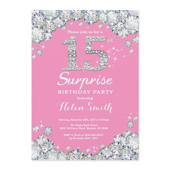Surprise 15th Birthday Pink and Silver Diamond