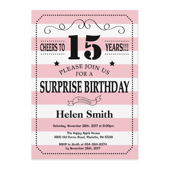 Surprise 15th Birthday Pink and White Stripes