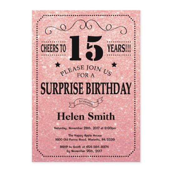 Surprise 15th Birthday Pink Rose Gold Glitter