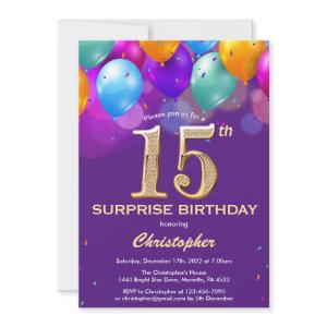 Surprise 15th Birthday Purple and Gold Balloons