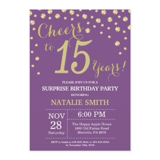 Surprise 15th Birthday Purple and Gold Diamond
